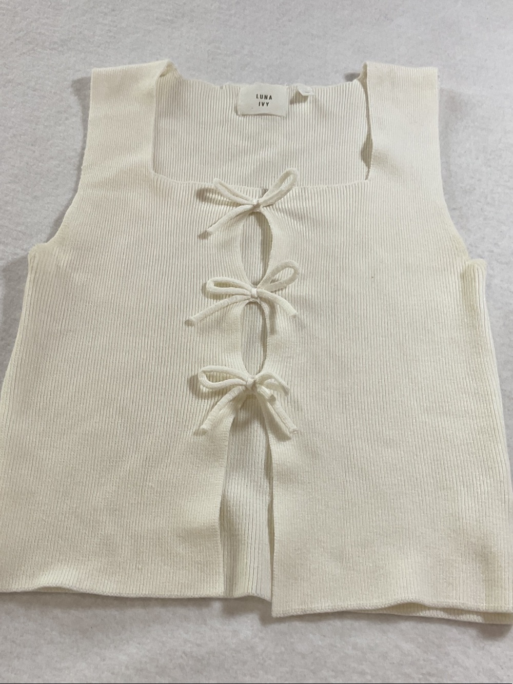 Luna Ivy Cream Ribbed Bow-Detail Knit Tank